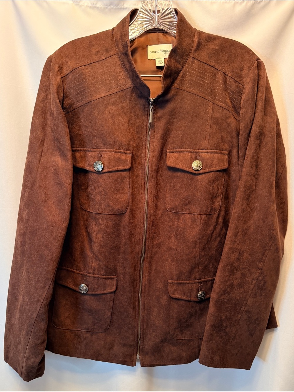 NWT Studio Works Size 18W Faux Suede Jacket Brown‎ New Clove Full Zip Front